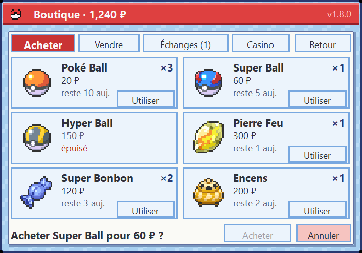 Le menu Boutique de l'app : Poké Ball, Super Ball, Hyper Ball, Pierre Feu, Super Bonbon, Encens